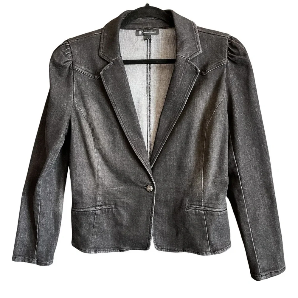 I.N.C. International Concepts Black Puff Sleeves Denim Jean Jacket Blazer